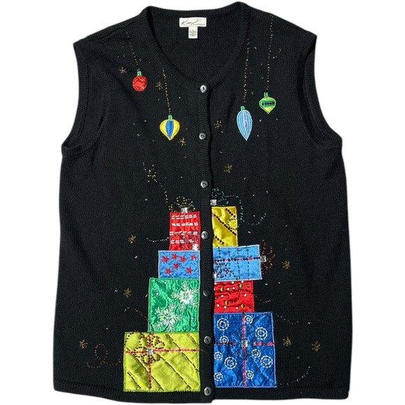 FESTIVE CHRISTMAS VEST UGLY SWEATER KIM ROGERS EMBROIDERED PATCHWORK VEST LARGE - Picture 1 of 11